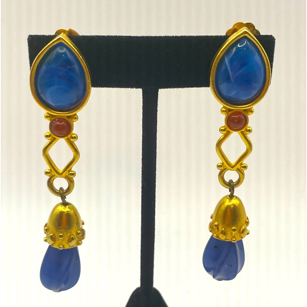 Vintage Leslie Block Costume Dangle Clip Earrings Blue Lucite Gold Tone